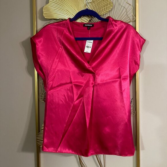 Express Satin V-Neck Short Sleeve Top - Picture 1 of 4